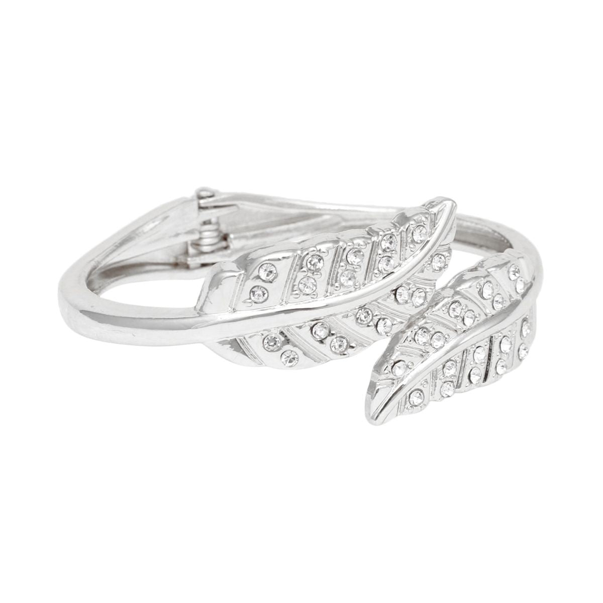 Silver Cuff Bracelet Leaf Rhinestone | Fashion Jewelry
