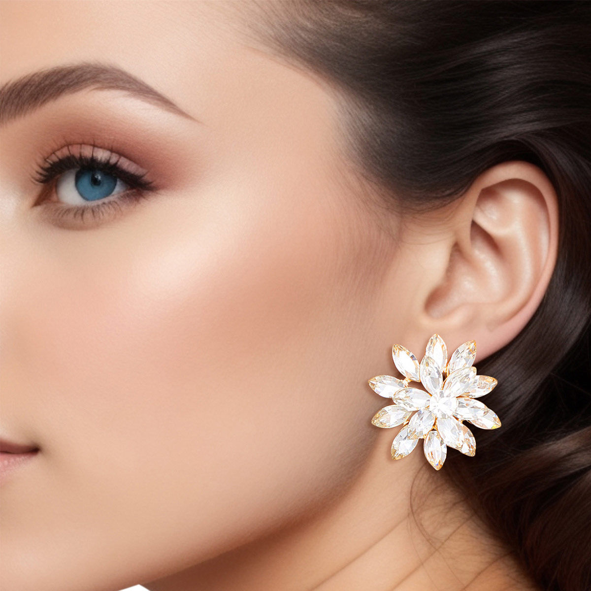 Floral Earrings Clear Gemstone Gold Studs | Costume Jewelry