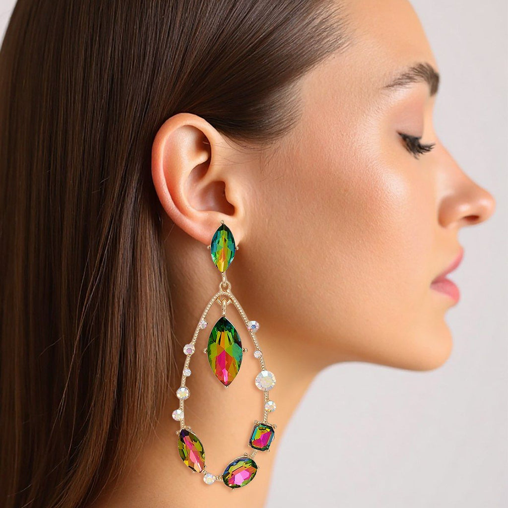 Mixed Green Pink Marquise Crystal Earrings with Teardrop Aurora Dangle