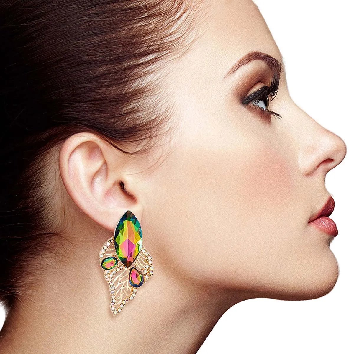 Marquise Acrylic Crystal Leaf Stud Earrings with Mixed Pink and Green Marquise, Gold Metal, and Rhinestone Detailing
