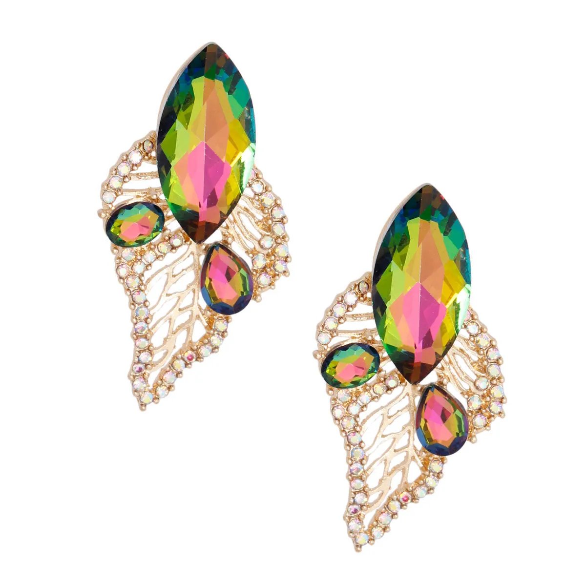 Marquise Acrylic Crystal Leaf Stud Earrings with Mixed Pink and Green Marquise, Gold Metal, and Rhinestone Detailing