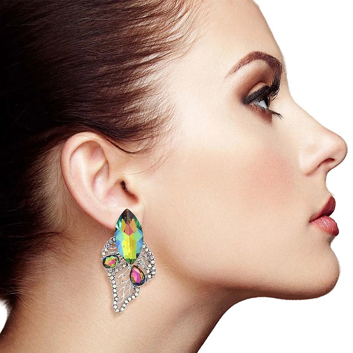 Marquise Acrylic Crystal Leaf Stud Earrings with Mixed Pink and Green Marquise, Silver Metal, and Rhinestone Detailing