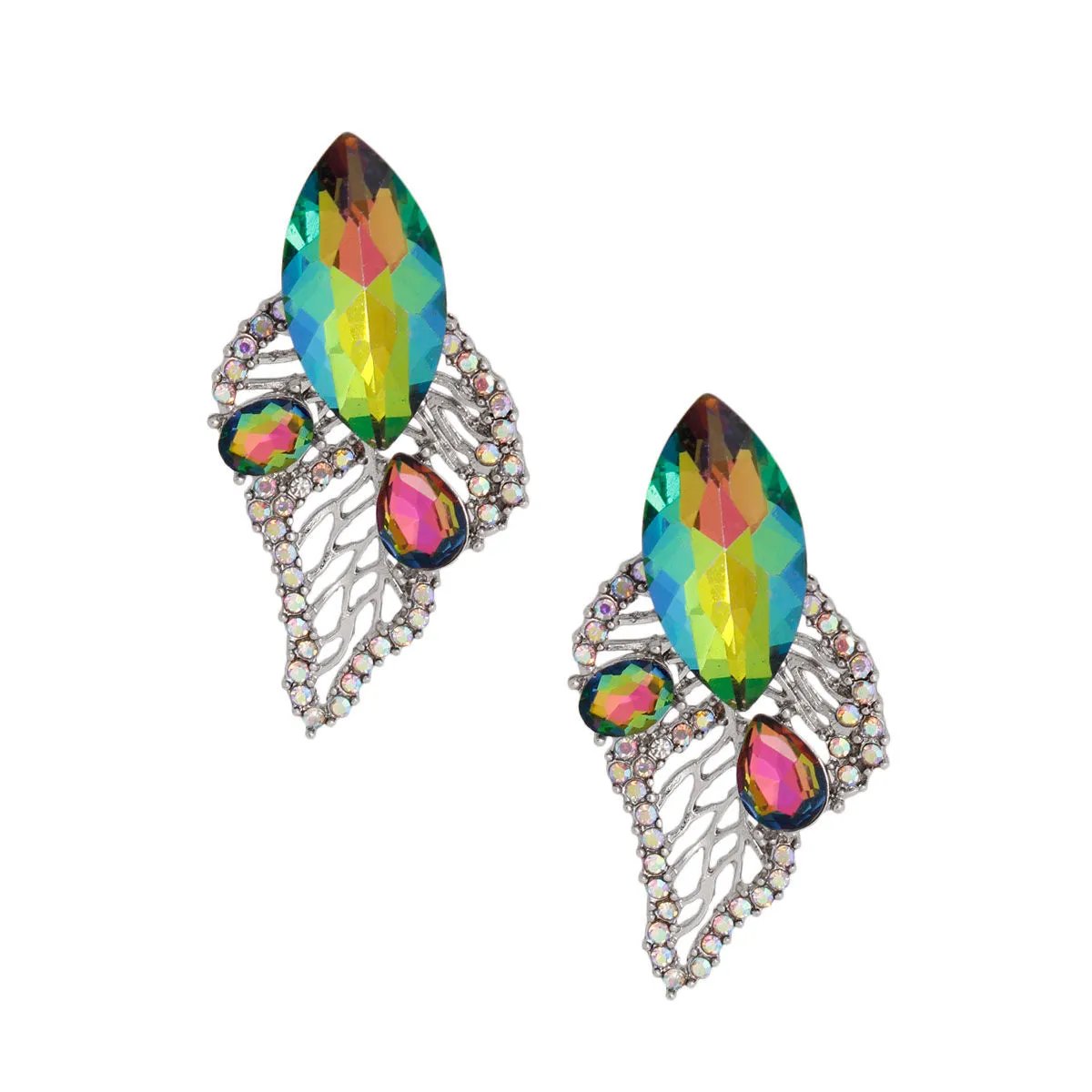 Marquise Acrylic Crystal Leaf Stud Earrings with Mixed Pink and Green Marquise, Silver Metal, and Rhinestone Detailing