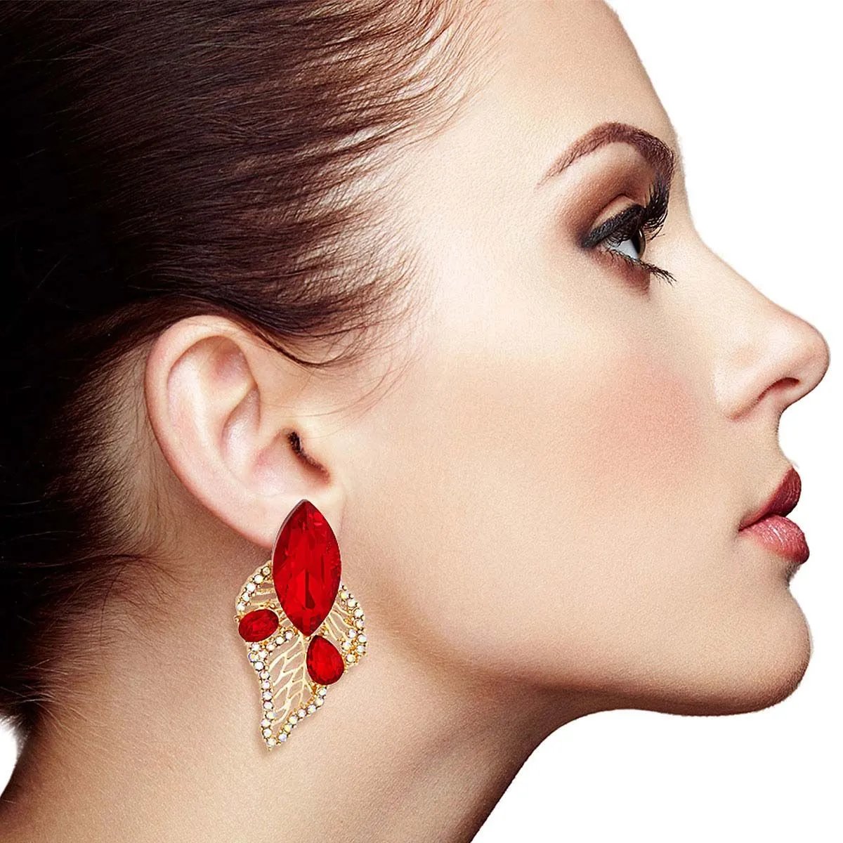 Marquise Acrylic Crystal Leaf Stud Earrings with Red Marquise, Gold Metal, and Rhinestone Detailing