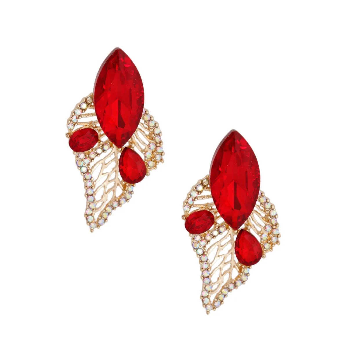 Marquise Acrylic Crystal Leaf Stud Earrings with Red Marquise, Gold Metal, and Rhinestone Detailing