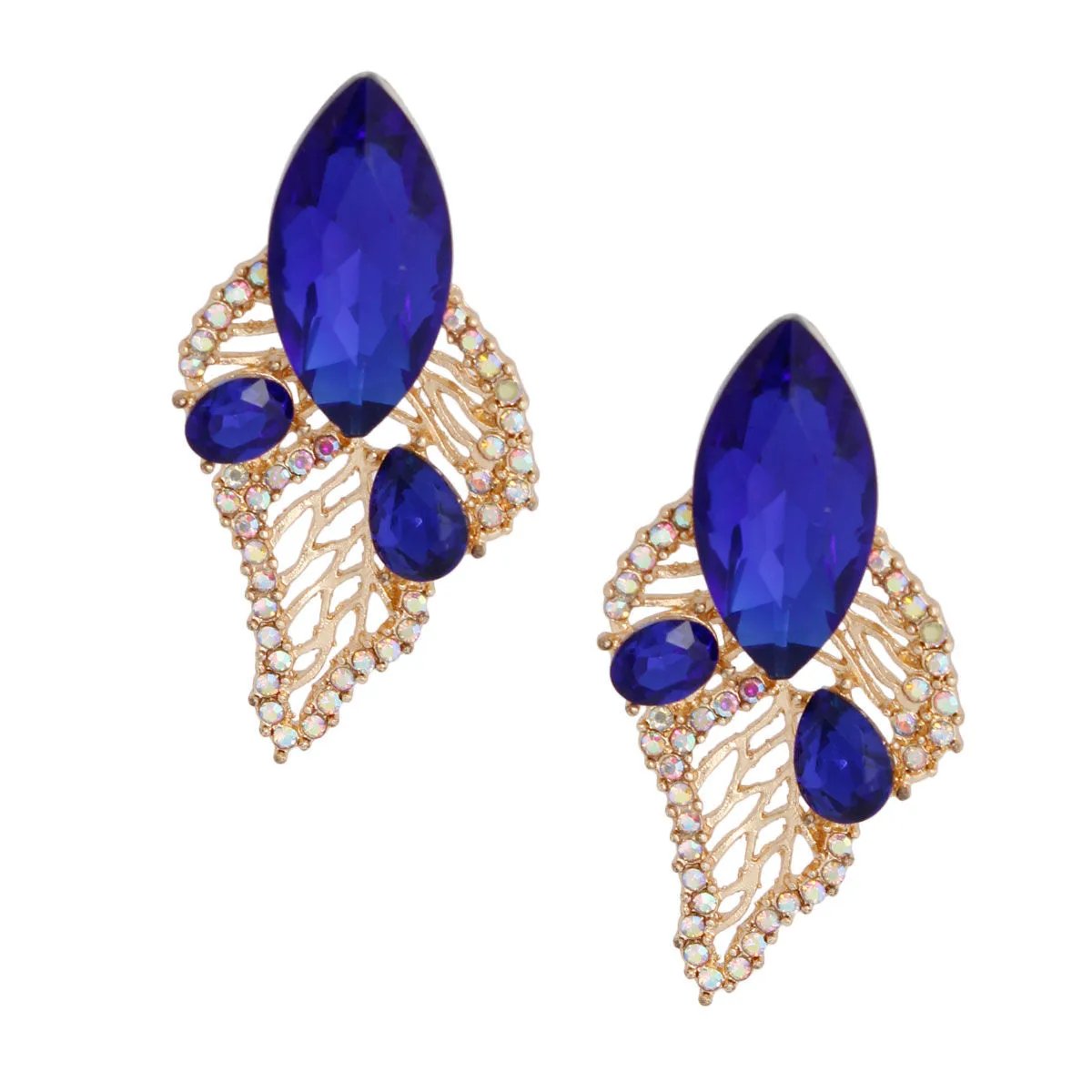 Marquise Acrylic Crystal Leaf Stud Earrings with Royal Blue Marquise, Gold Metal, and Rhinestone Detailing