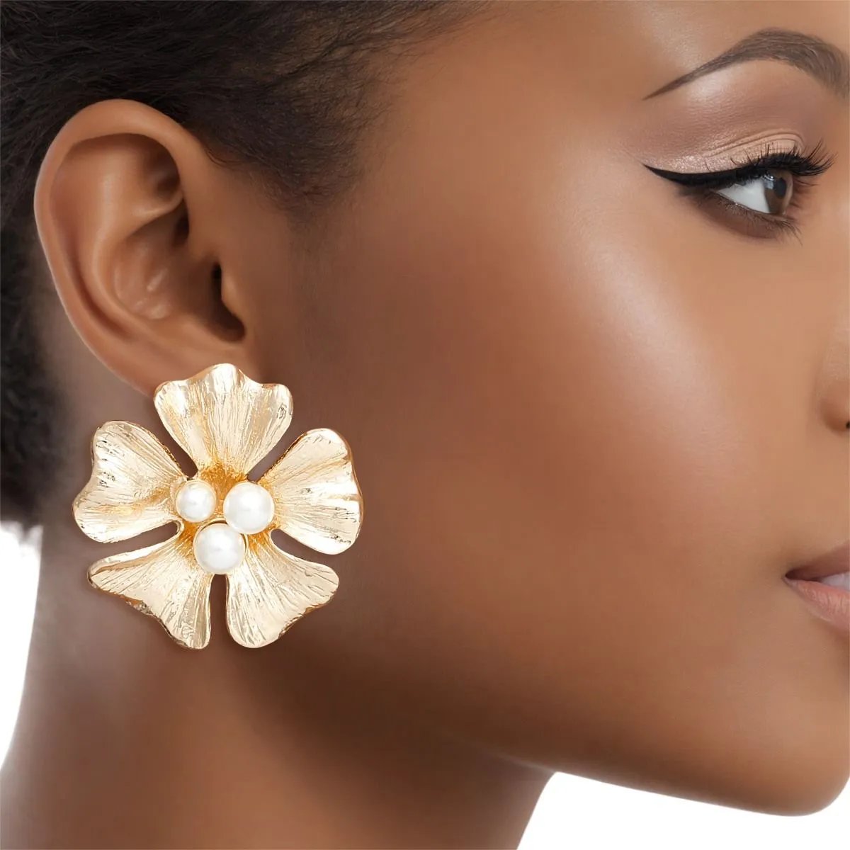 Gold Flower Stud Earrings with Pearl Center and Textured Petals Post Backs - Fashion Jewelry