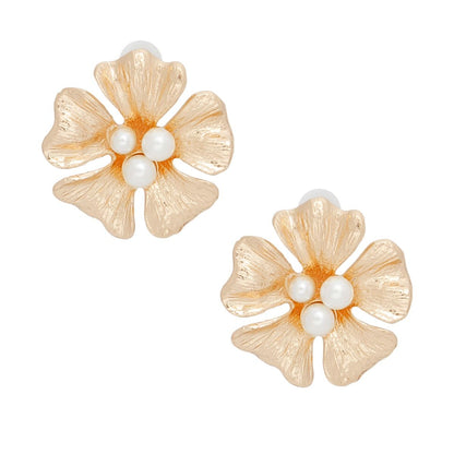 Gold Flower Stud Earrings with Pearl Center and Textured Petals Post Backs - Fashion Jewelry Pinktown
