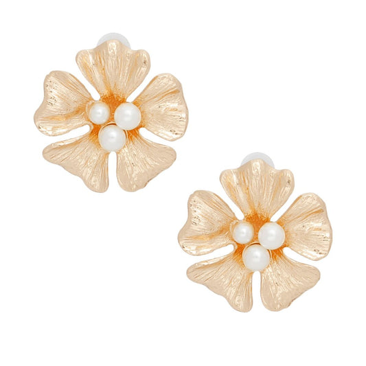 Studs Graceful Gold and Pearl Flower Earrings Pinktown