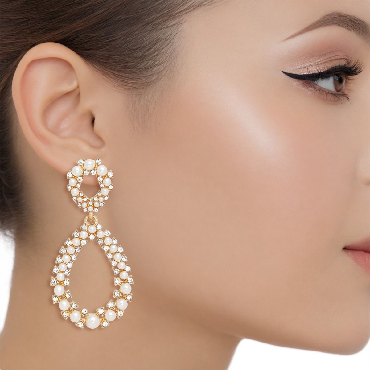 Gold Pearl Rhinestone Teardrop Earrings Statement Drop | Fashion Jewelry