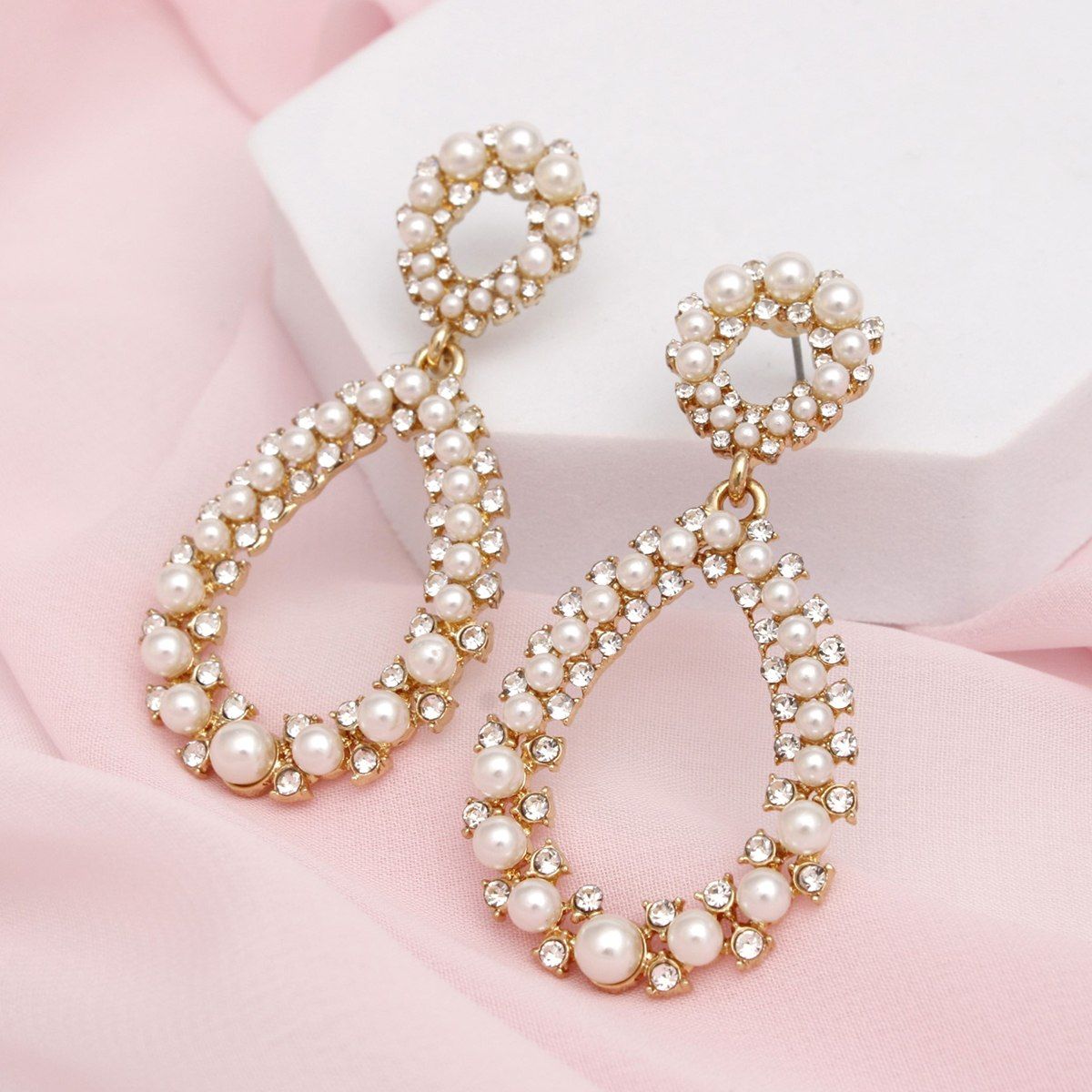 Gold Pearl Rhinestone Teardrop Earrings Statement Drop | Fashion Jewelry