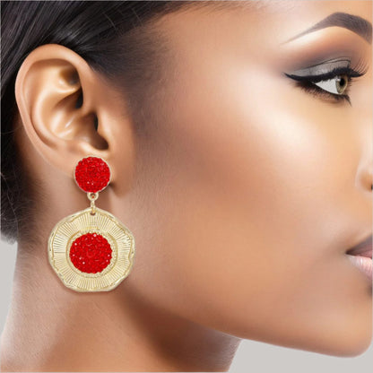 Red Rhinestone Statement Earrings with Gold-Tone Finish Pinktown