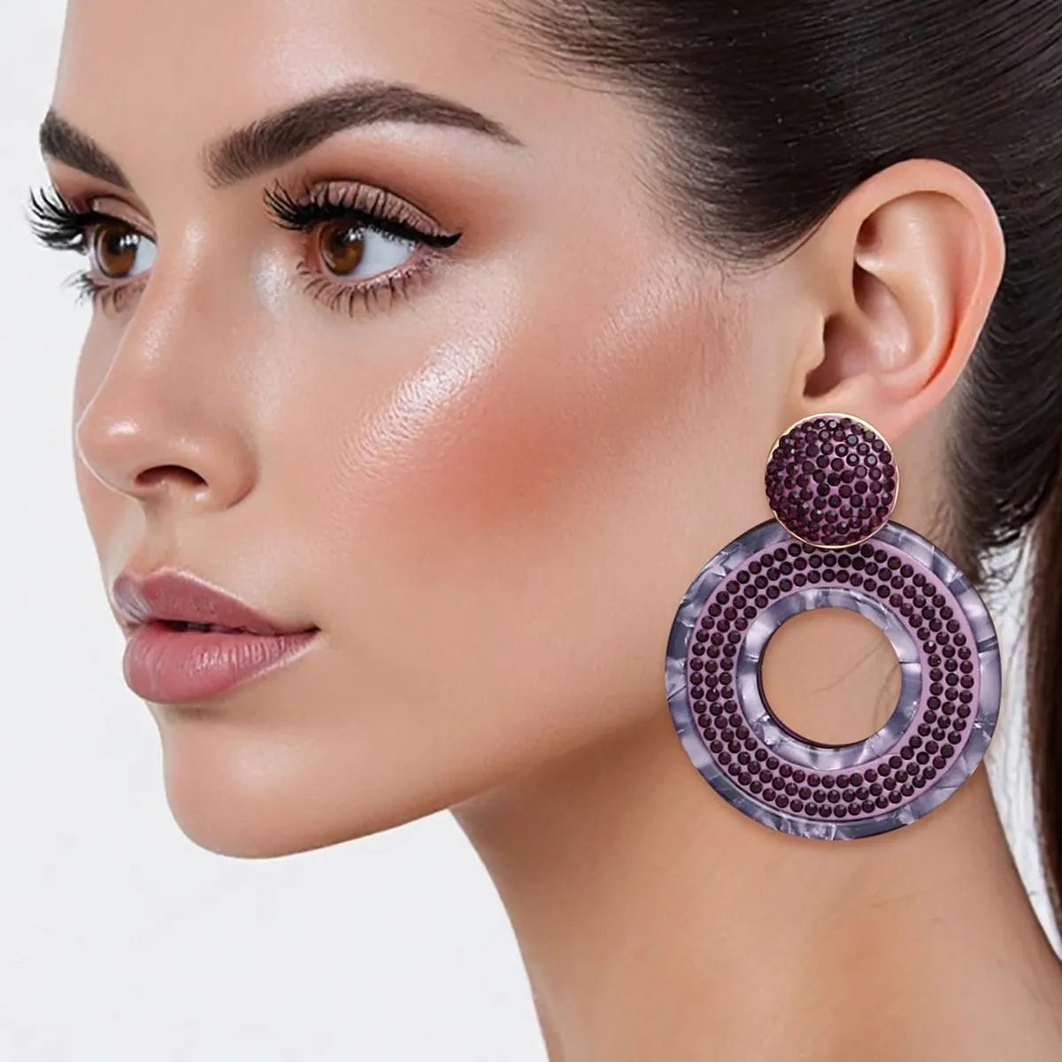 Drop Purple Marbled Ring Earrings with Gold Tone Studs and Rhinestone Detailing – Statement Acrylic Dangle