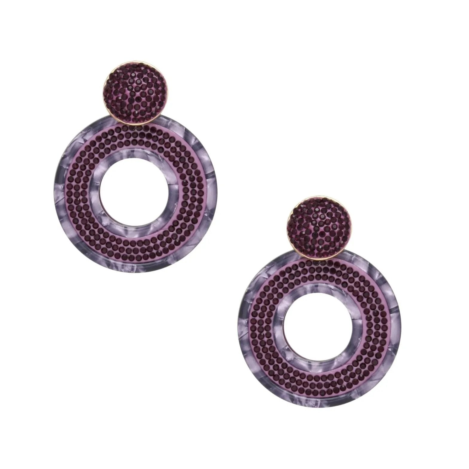 Drop Purple Marbled Ring Earrings with Gold Tone Studs and Rhinestone Detailing – Statement Acrylic Dangle