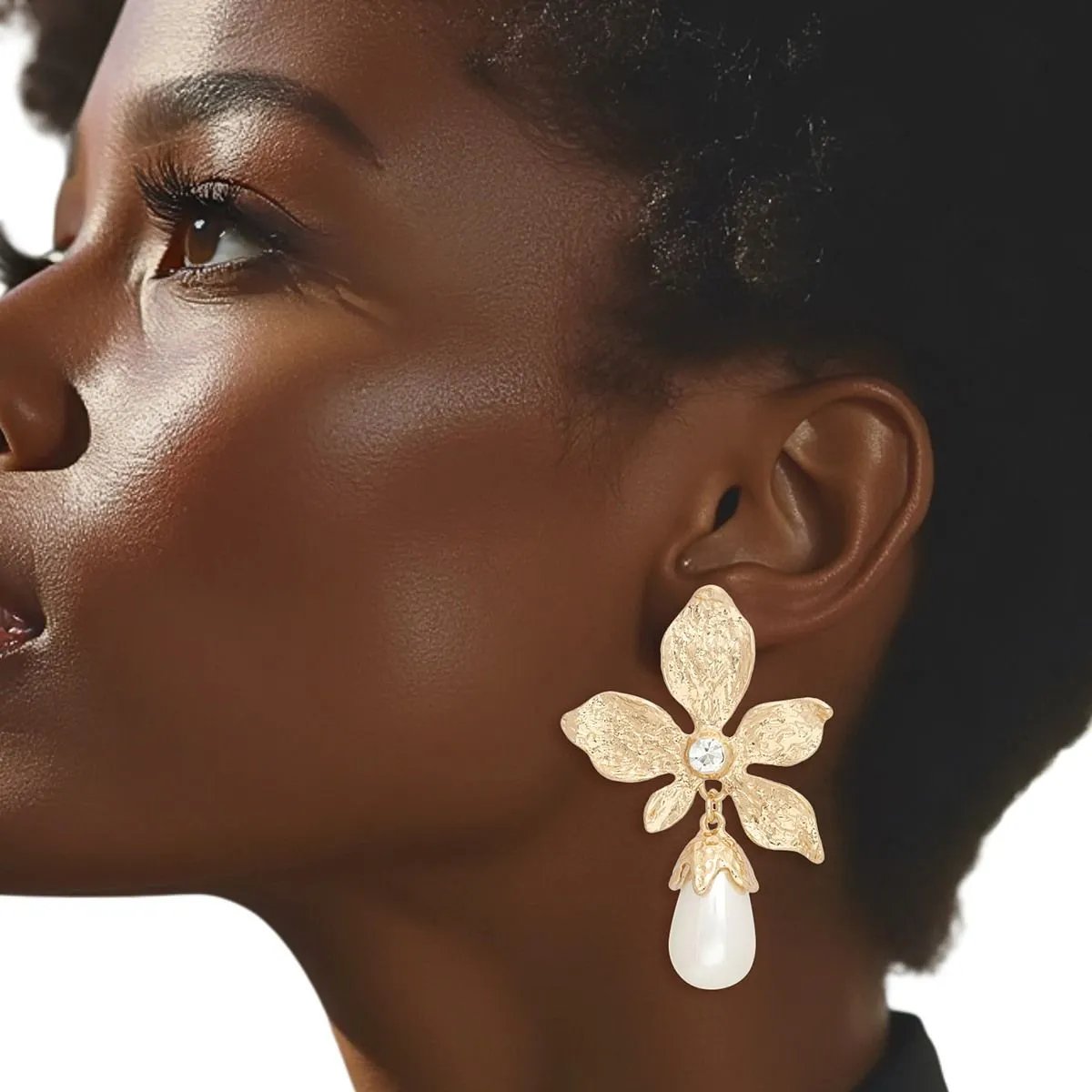 Gold Tone Textured Flower Earrings with Teardrop Acrylic Cream Pearl