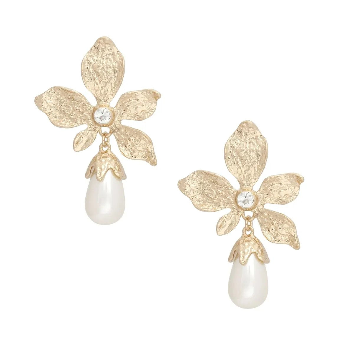 Gold Tone Textured Flower Earrings with Teardrop Acrylic Cream Pearl