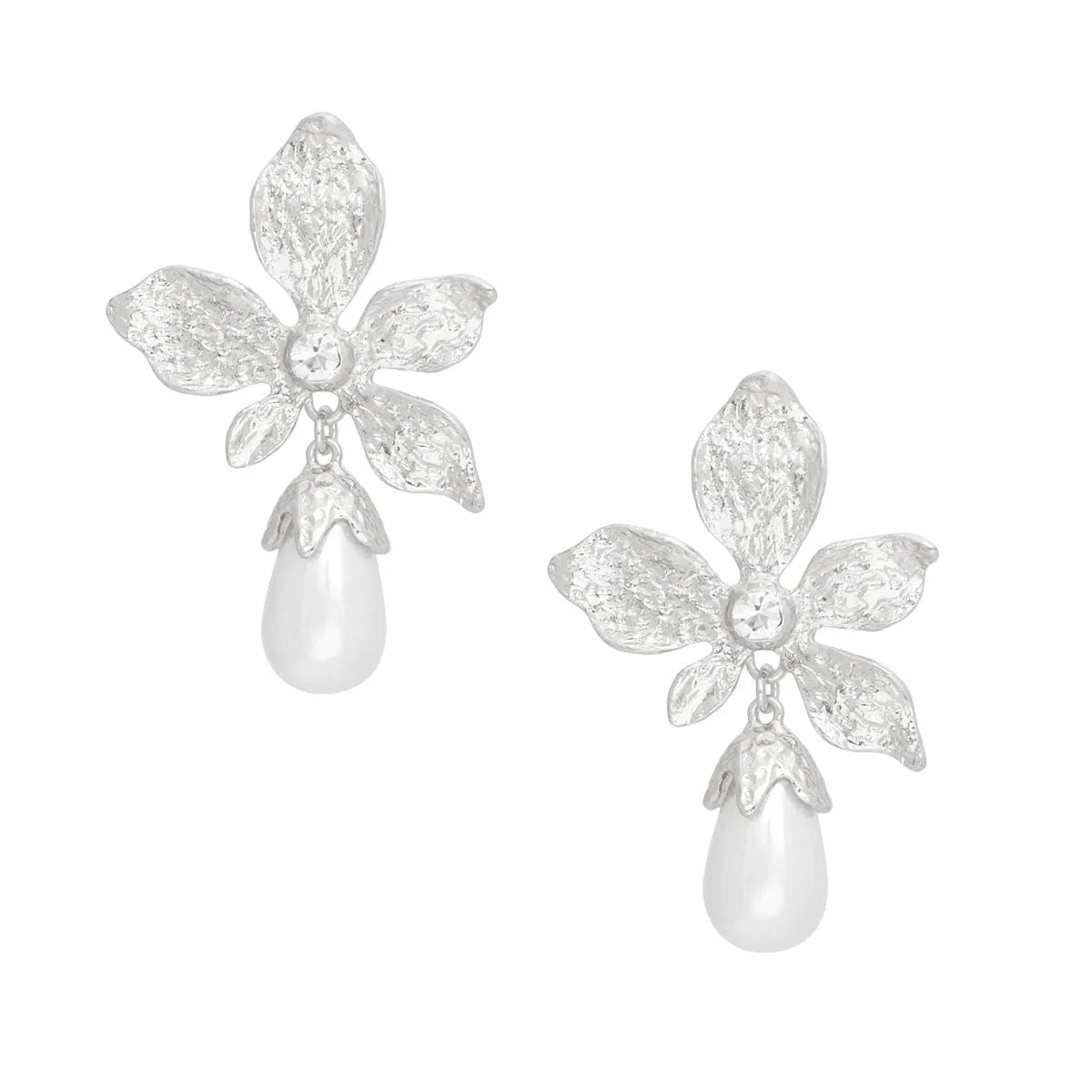 Silver Tone Textured Flower Earrings with Teardrop Acrylic White Pearl
