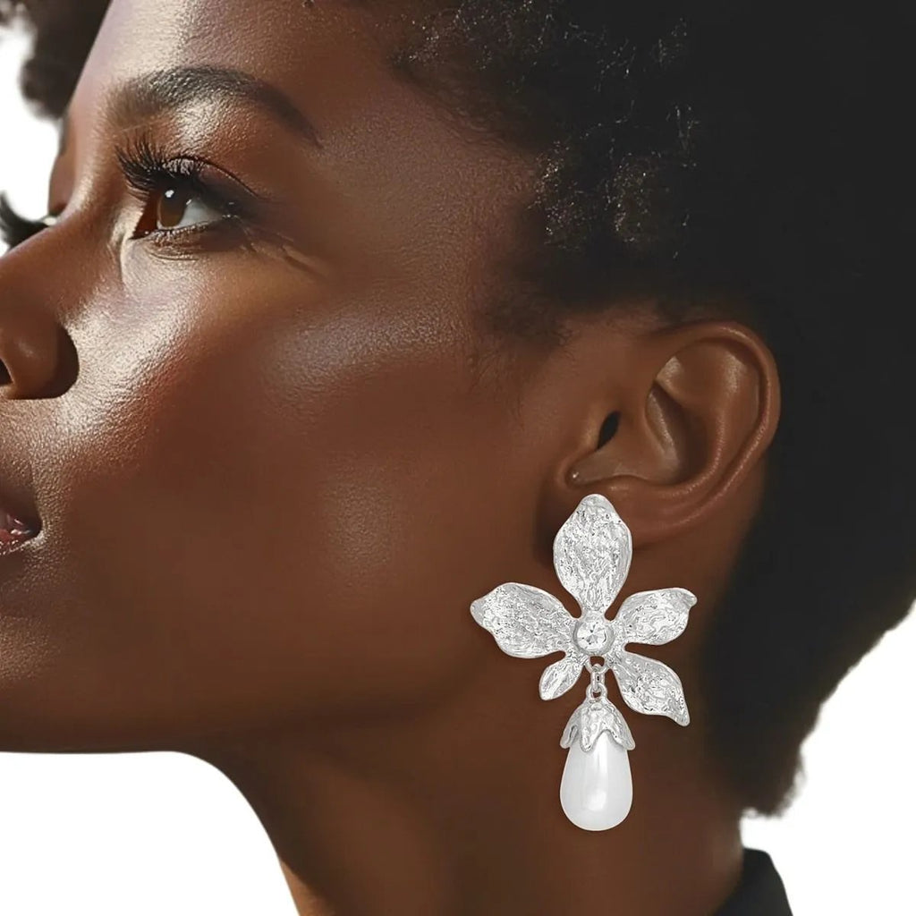 Silver Tone Textured Flower Earrings with Teardrop Acrylic White Pearl