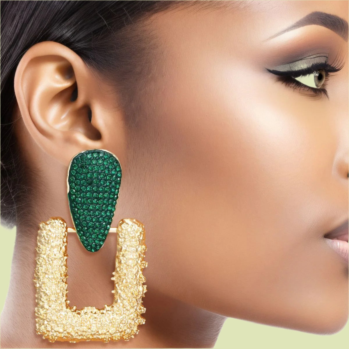 Edgy Gold-tone and Green Rhinestone Earrings Pinktown