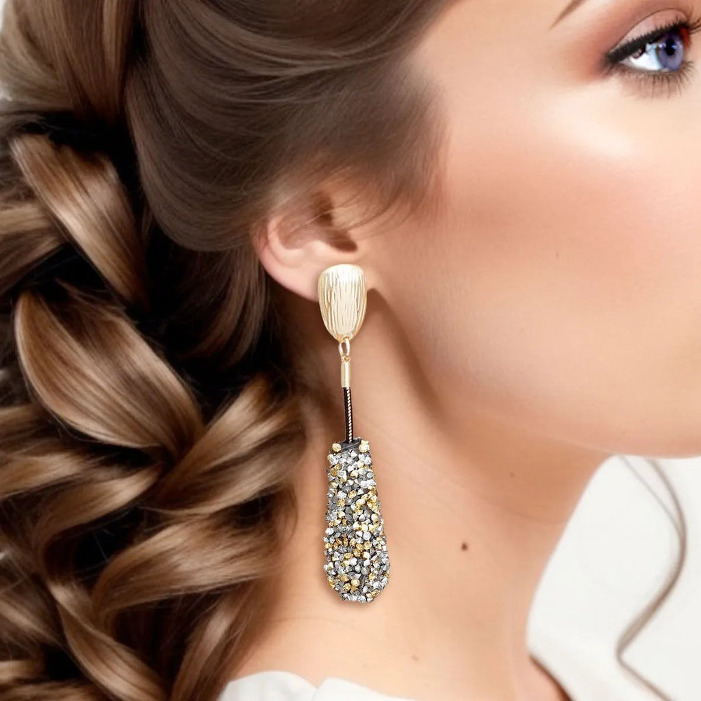 Gold-Tone Textured Teardrop Earrings with Snake Chain and Mixed Rhinestone Clusters
