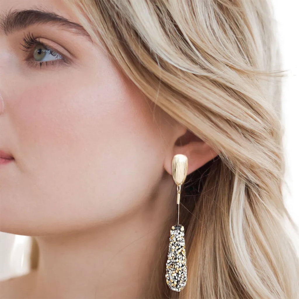 Gold-Tone Textured Teardrop Earrings with Snake Chain and Mixed Rhinestone Clusters