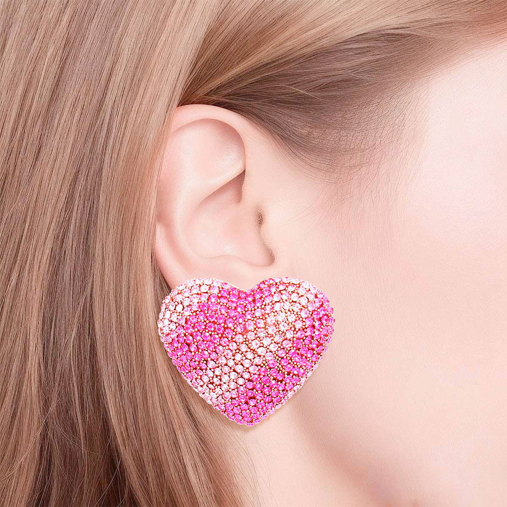 Pink Heart Rhinestone Earrings Fuchsia Gold Metal Statement