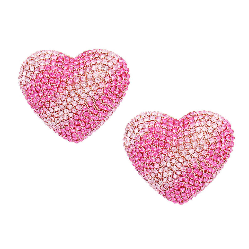 Pink Heart Rhinestone Earrings Fuchsia Gold Metal Statement