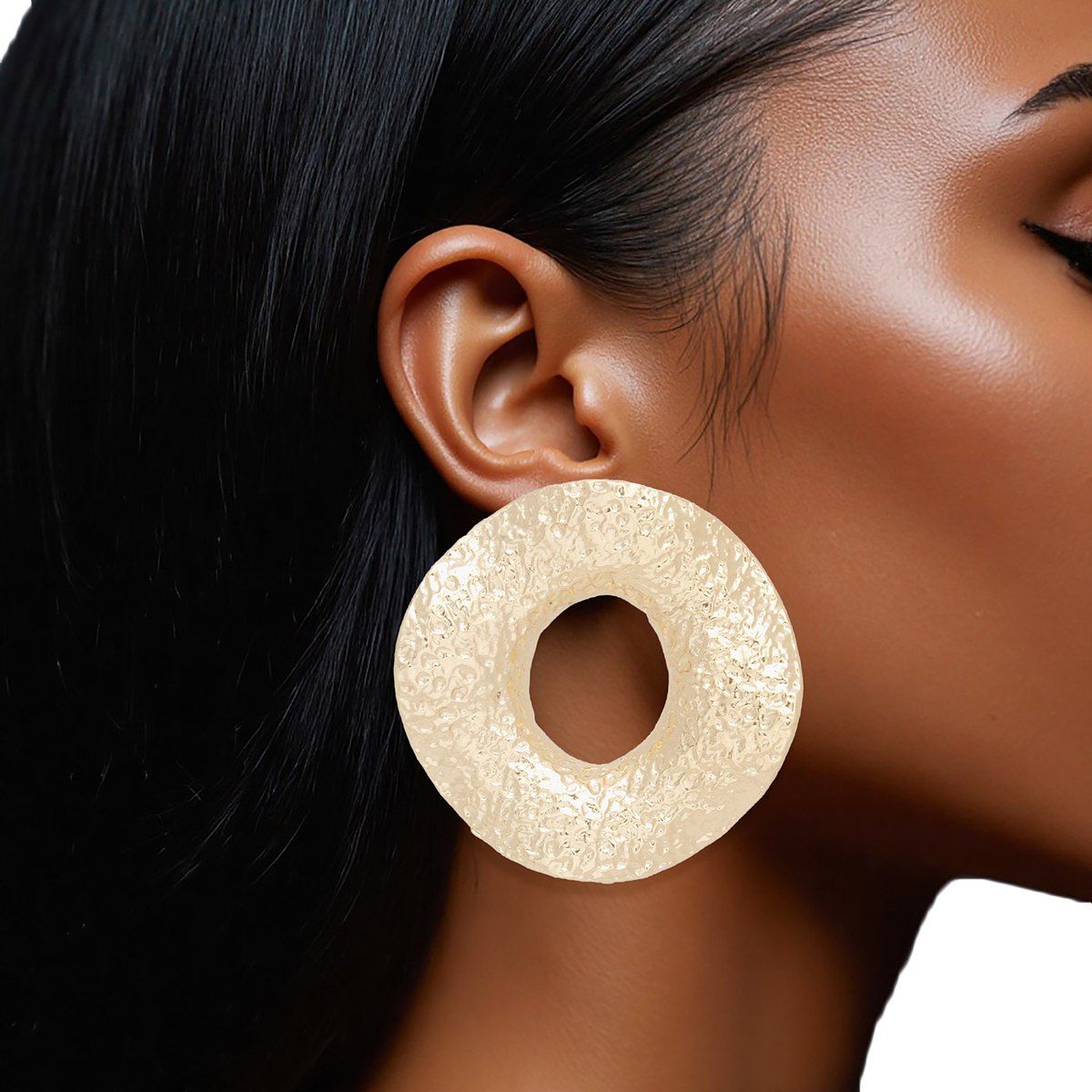 Gold Wavy Stud Earrings Hammered Ring Texture