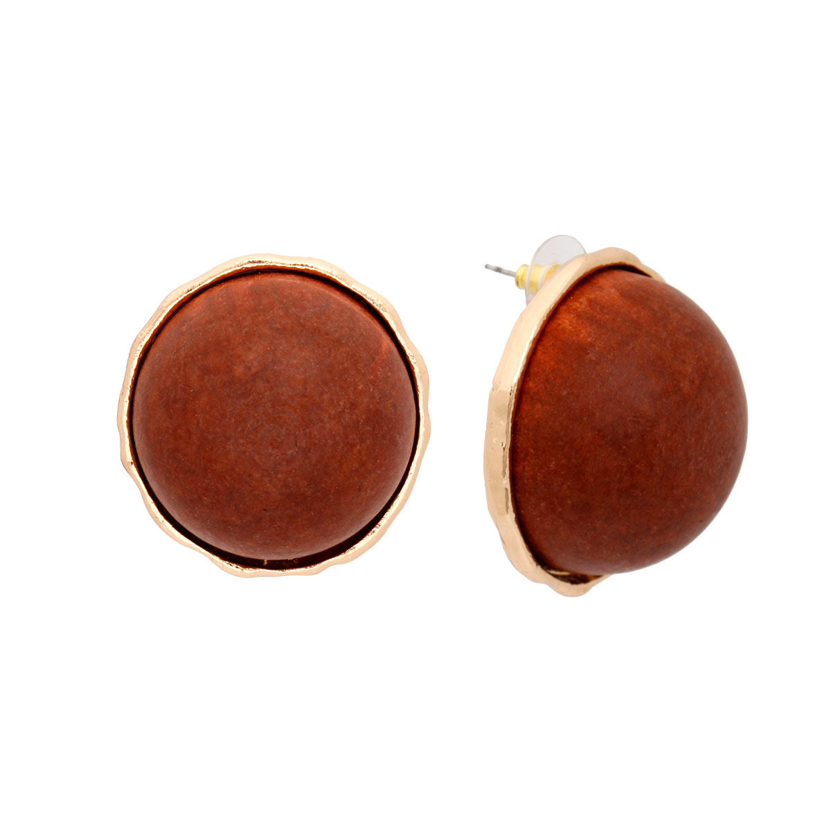 Large Gold Tone Stud Earrings – Brown Domed Wood Statement Women’s Studs, 1.6 Inch Lead Compliant Pinktown