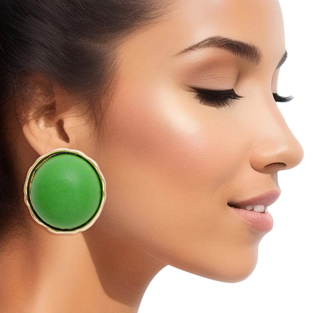 Large Gold Tone Stud Earrings – Green Domed Wood Statement Women’s Studs, 1.6 Inch Lead Compliant Pinktown