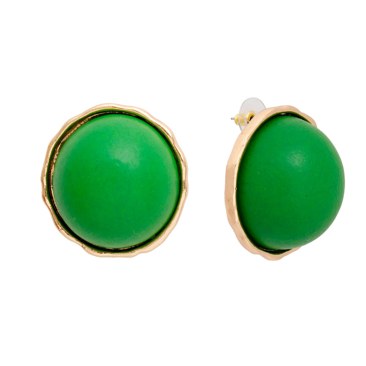 Large Gold Tone Stud Earrings – Green Domed Wood Statement Women’s Studs, 1.6 Inch Lead Compliant Pinktown