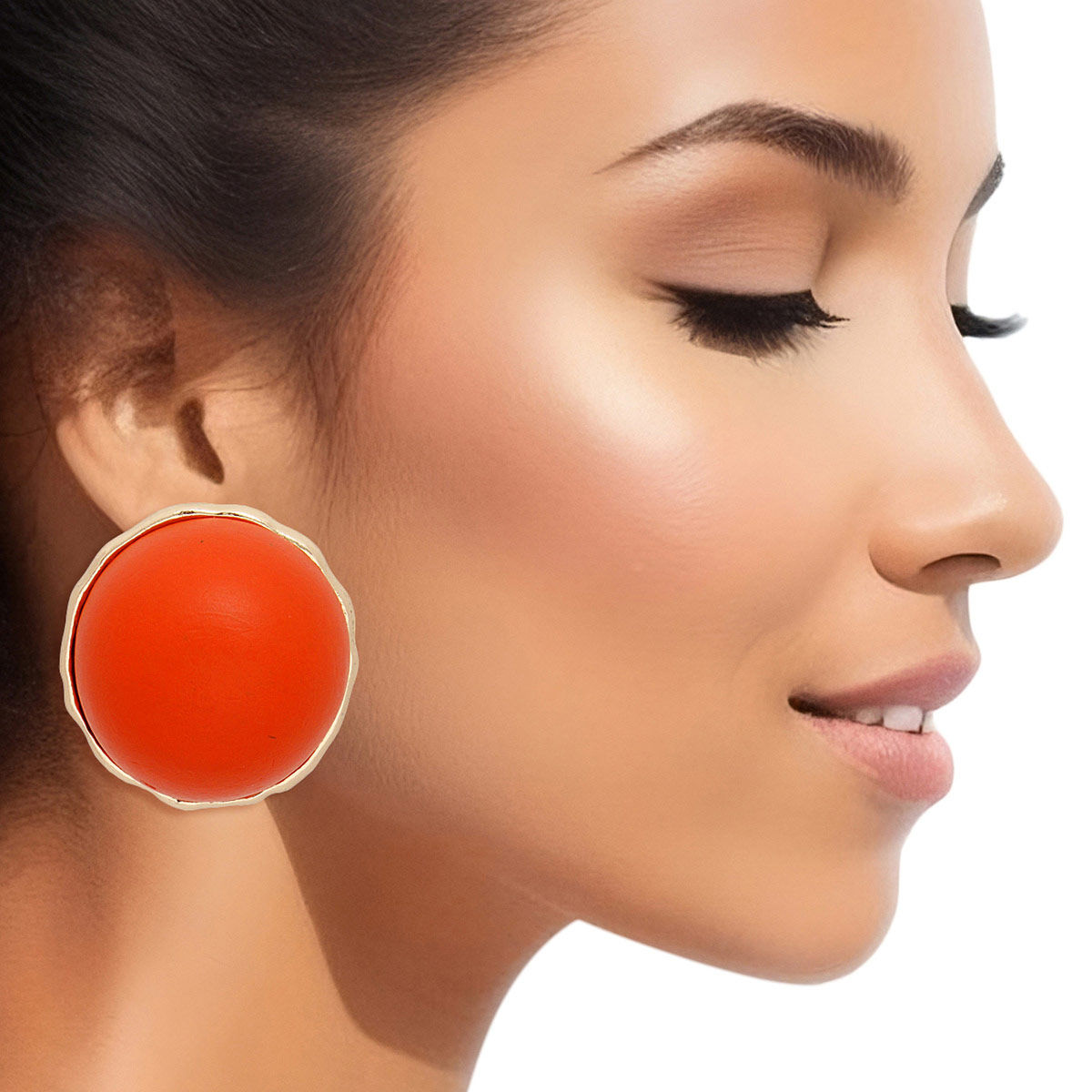 Studs Domed Orange Wood Large Earrings for Women Pinktown