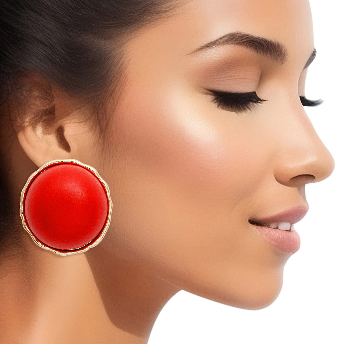 Studs Domed Red Wood Large Earrings for Women Pinktown