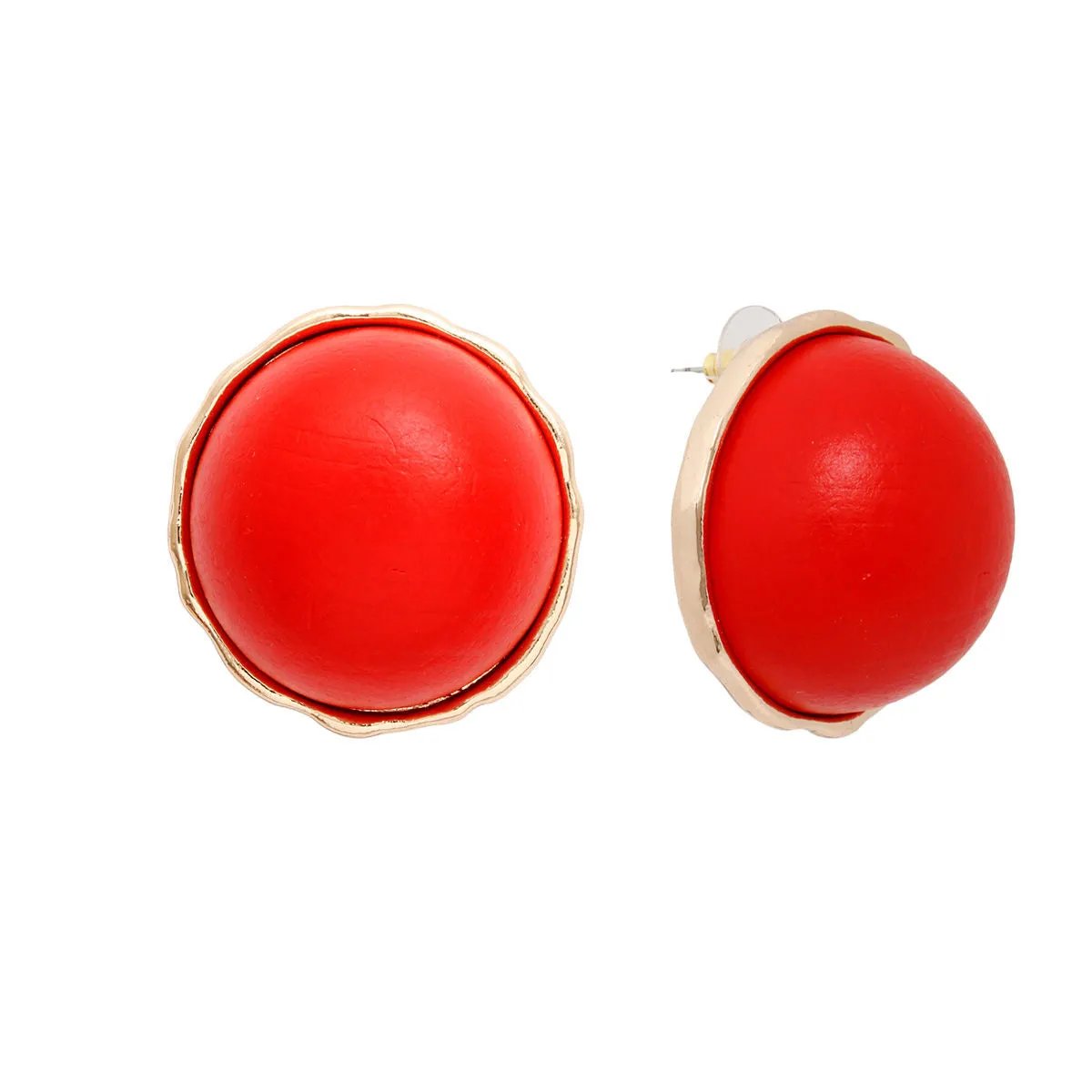 Large Gold Tone Stud Earrings – Red Domed Wood Statement Women’s Studs, 1.6 Inch Lead Compliant