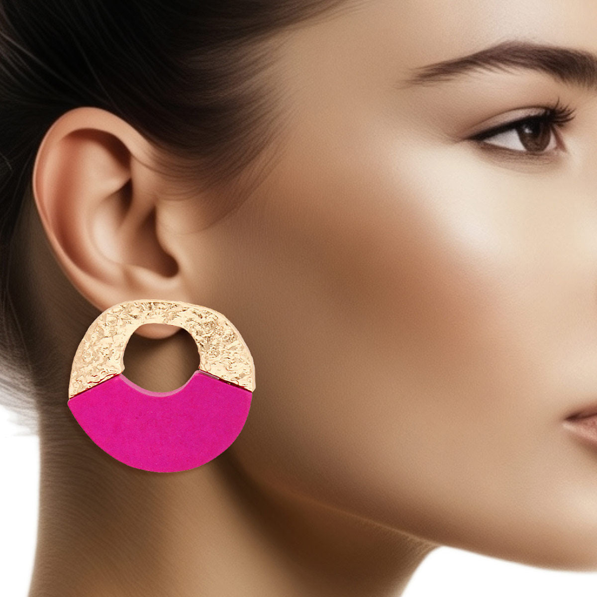 Hammered Gold Circle Stud Earrings Fuchsia Wood Wide Design
