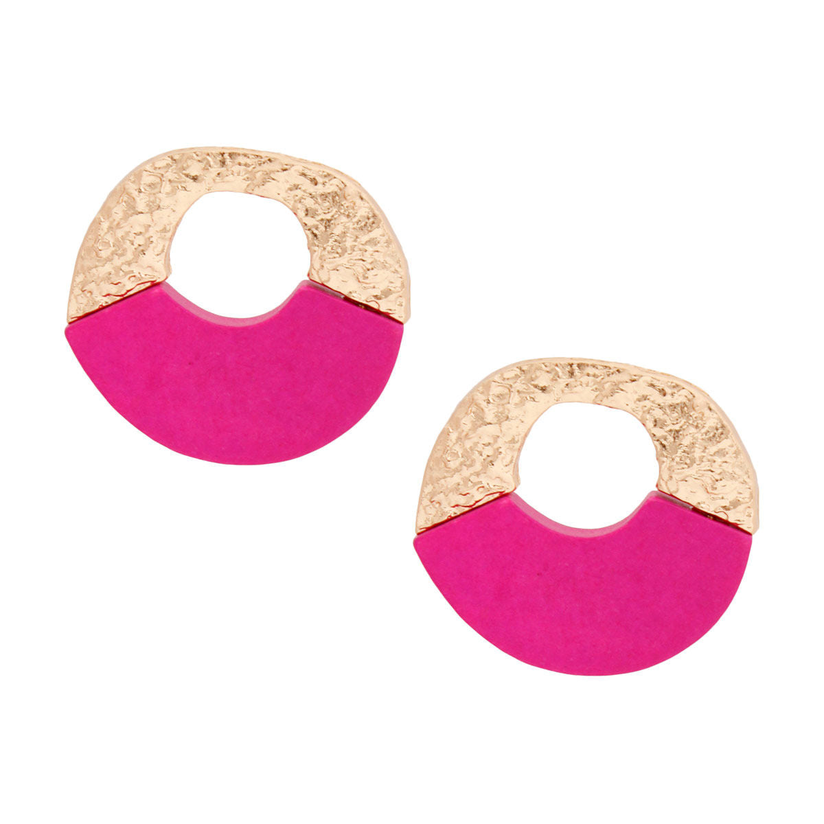 Hammered Gold Circle Stud Earrings Fuchsia Wood Wide Design
