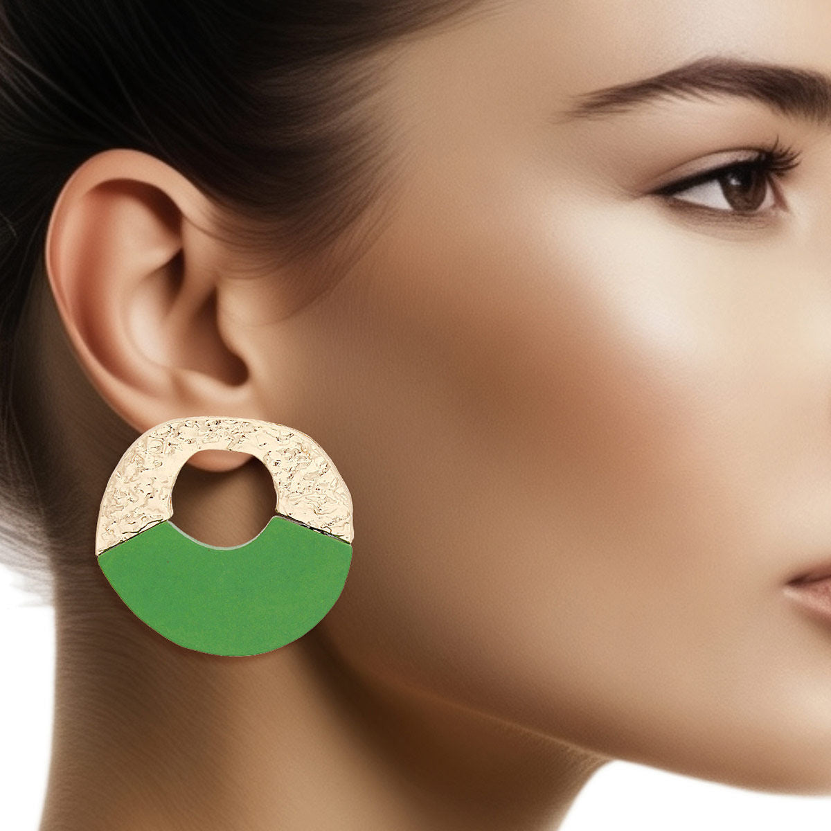 Hammered Gold Circle Stud Earrings Green Wood Wide Design