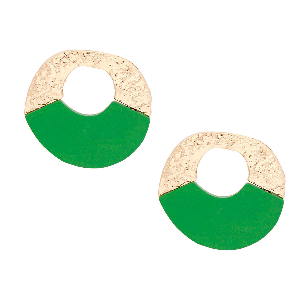 Hammered Gold Circle Stud Earrings Green Wood Wide Design