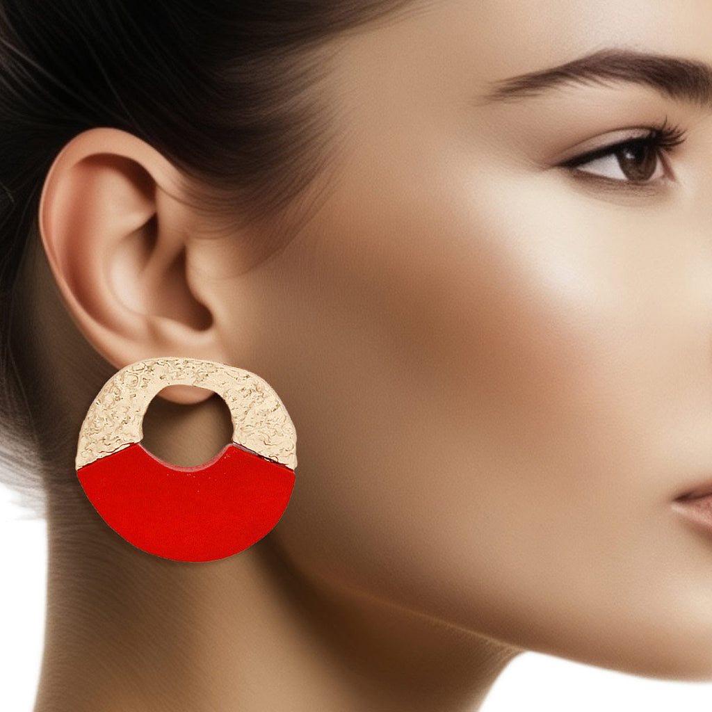 Hammered Gold Circle Stud Earrings Red Wood Wide Design