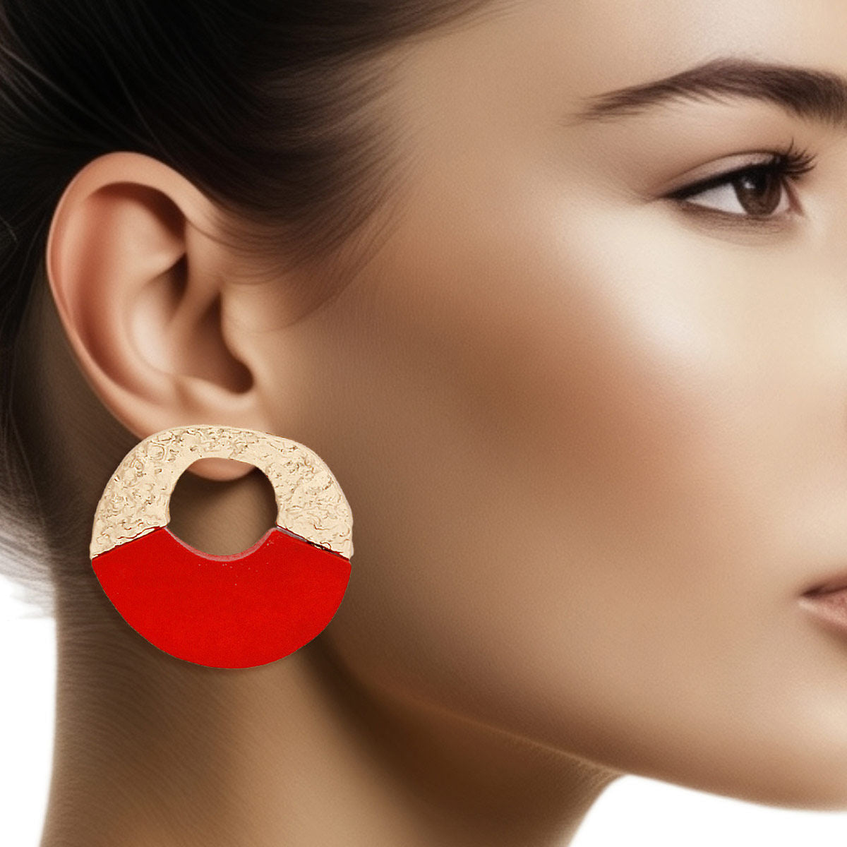 Hammered Gold Circle Stud Earrings Red Wood Wide Design