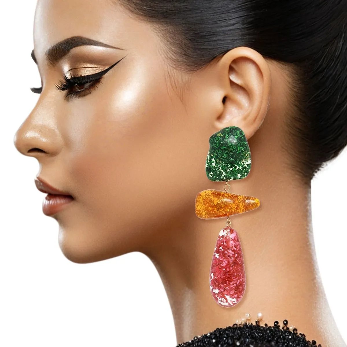 Chunky Multicolor Confetti Resin Teardrop Statement Earrings with Gold Omega Back