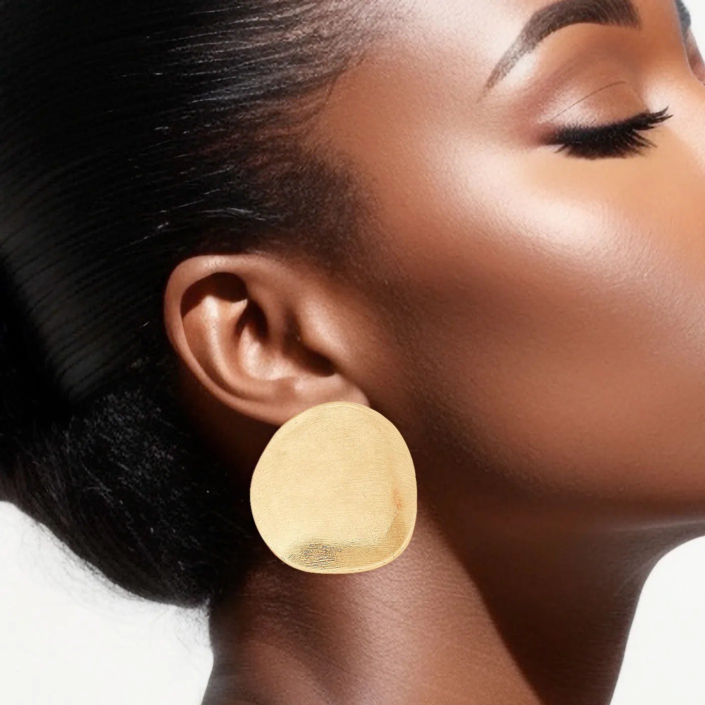 Matte Gold Stud Earrings - Scratched Texture & Bent Disc Design