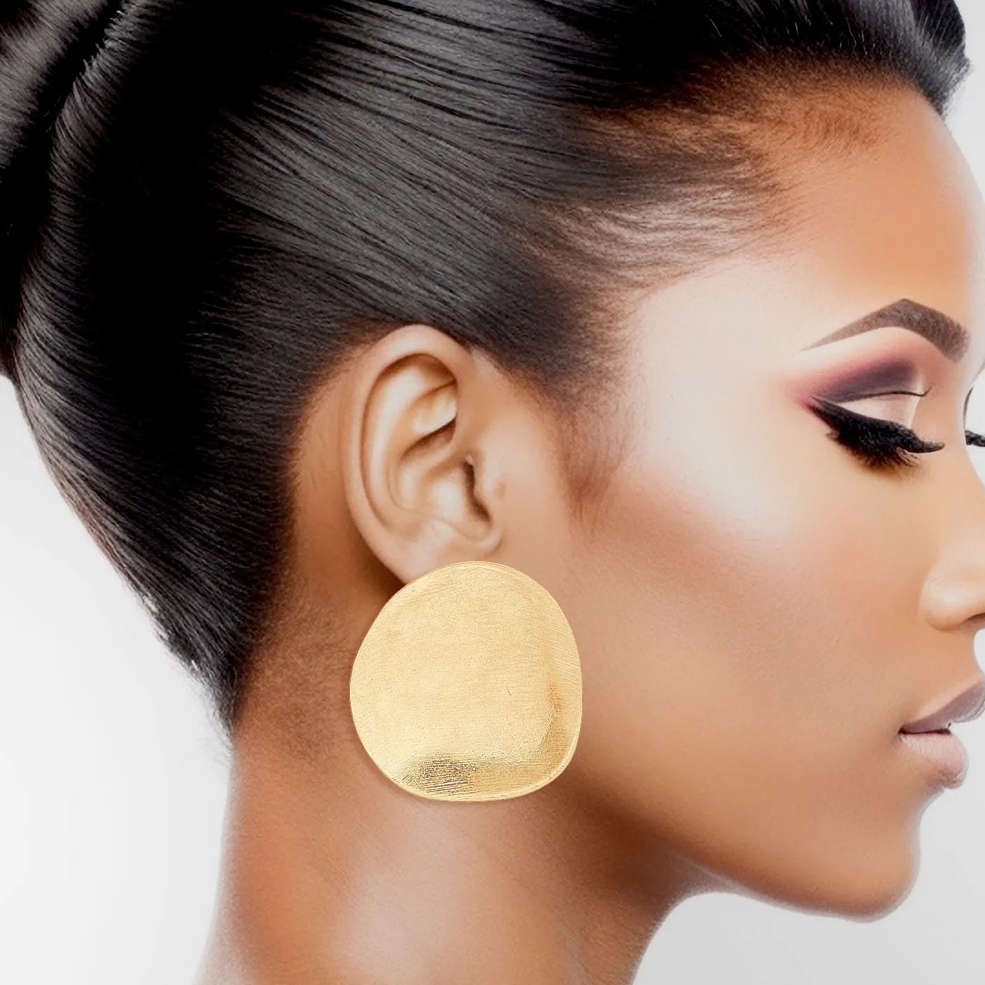 Matte Gold Stud Earrings - Scratched Texture & Bent Disc Design