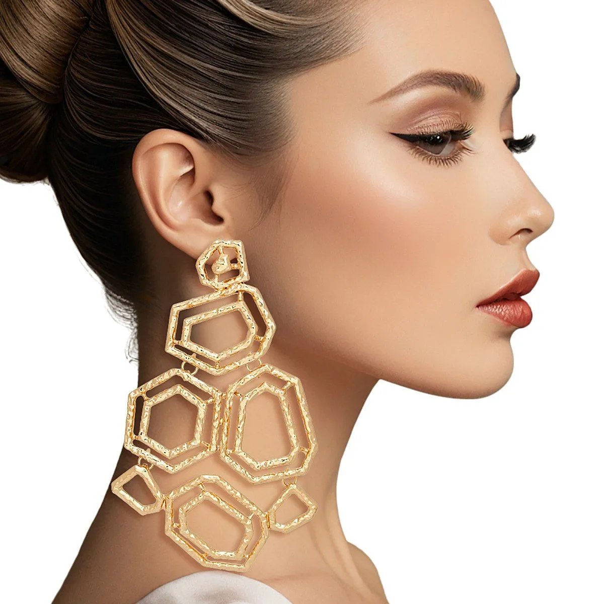 Gold Geometric Dangle Earrings Large Textured Structured Link Statement Earrings for Women