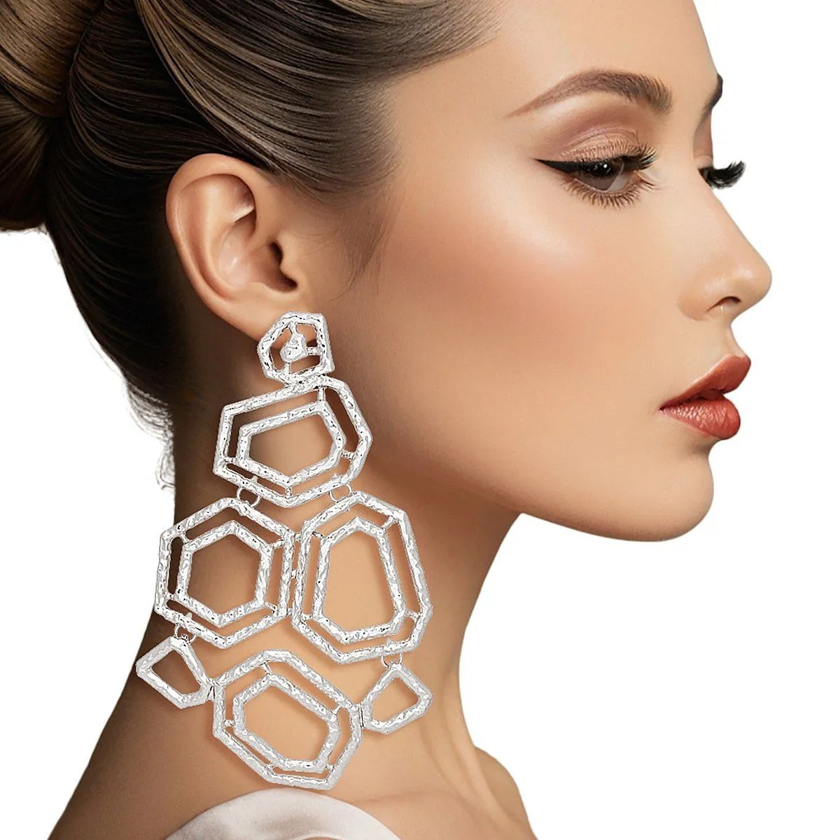 Silver Geometric Dangle Earrings Large Textured Structured Link Statement Earrings for Women