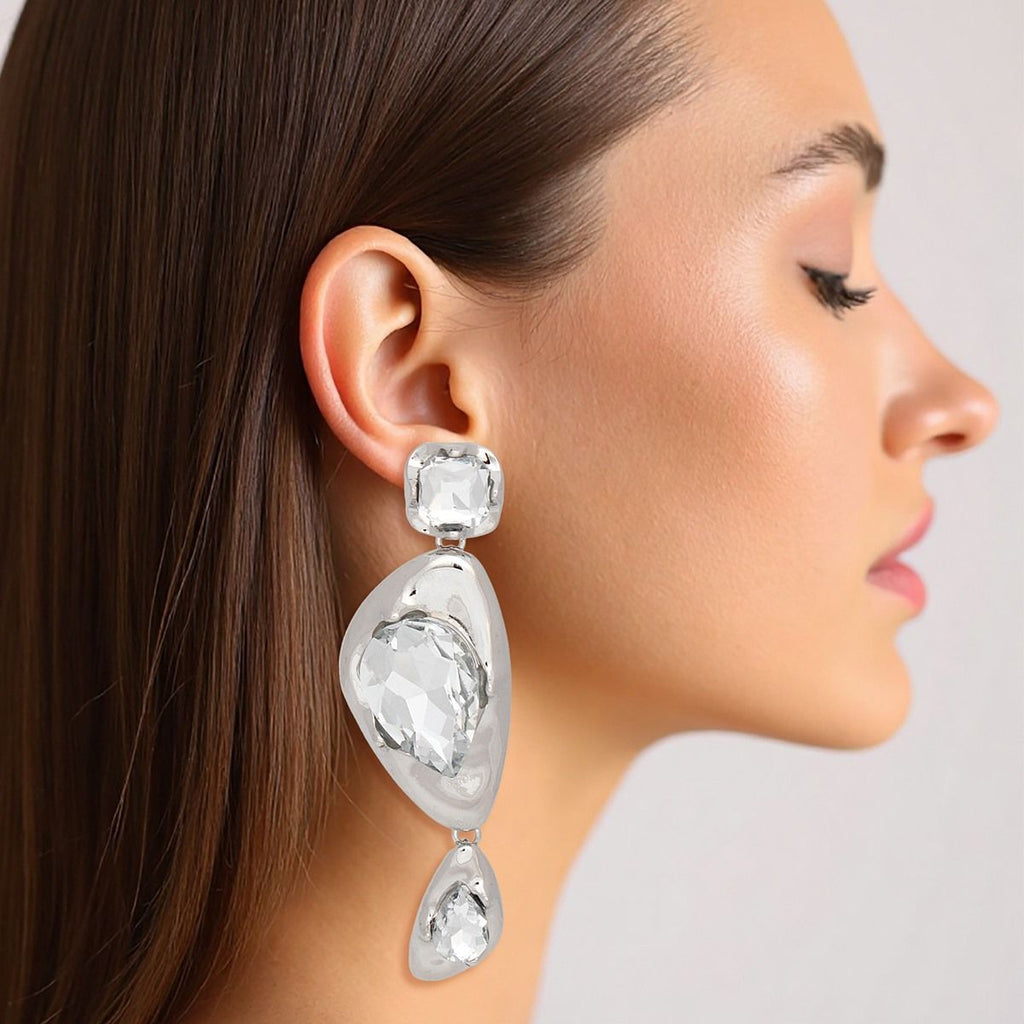 Long Silver Crystal Dangle Earrings Clear Glass Fashion Jewelry