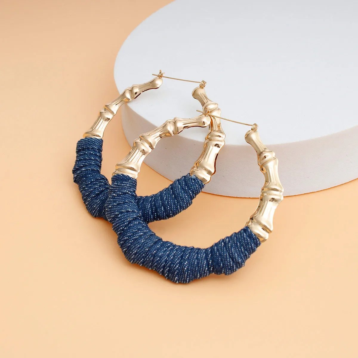 Gold Tone Plated Bamboo Hoop Earrings with Blue Denim Wrap – Lightweight, Lead Compliant