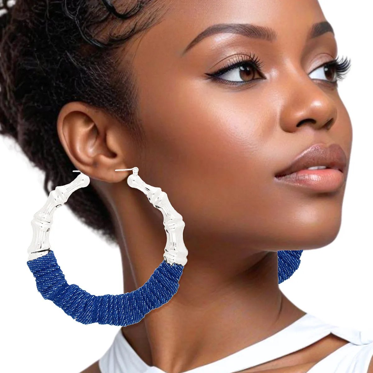 Silver Tone Rhodium Plated Bamboo Hoop Earrings with Blue Denim Wrap – Lightweight, Lead Compliant