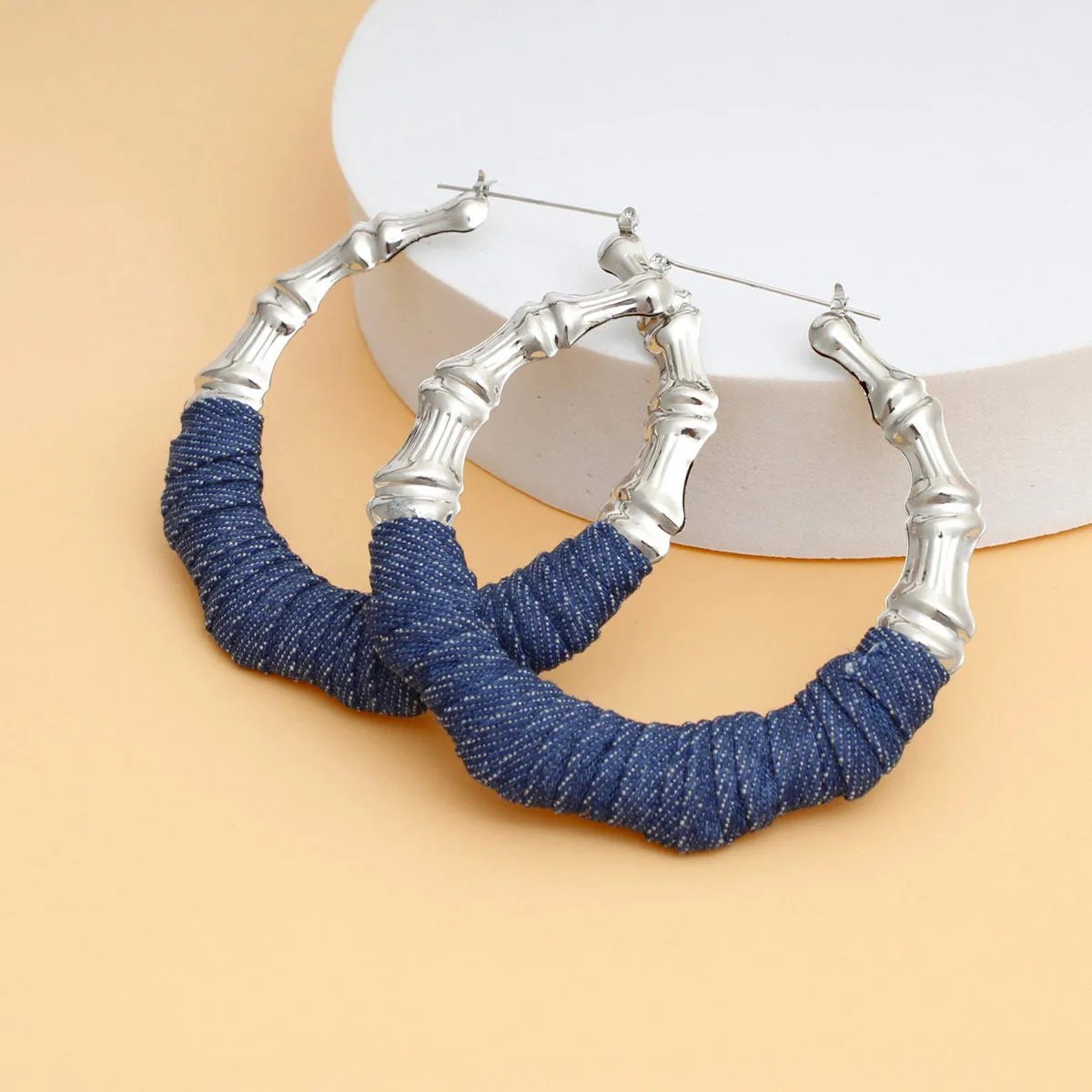 Silver Tone Rhodium Plated Bamboo Hoop Earrings with Blue Denim Wrap – Lightweight, Lead Compliant
