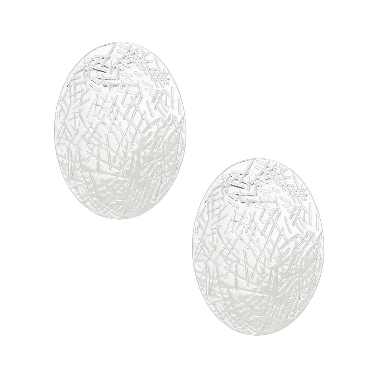 Stud Silver Metal Scratched Oval Earrings – Contemporary Textured Plate Studs for Women Pinktown